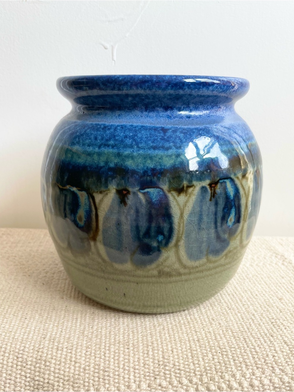 Signed Pottery Vase Blue Glossy Potting Plant? Mediterranean earthy